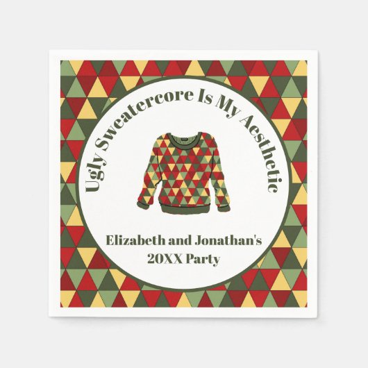 醜いおもしろいクリスマスセーター赤グリーン金ゴールド スタンダードカクテルナプキン (正面)