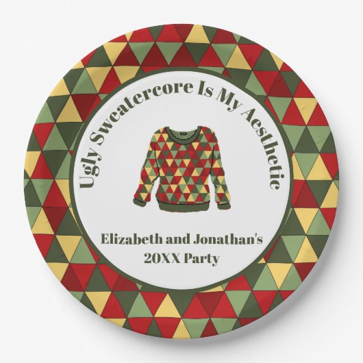 醜いおもしろいクリスマスセーター赤グリーン金ゴールド ペーパープレート (正面)