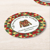 醜いおもしろいクリスマスセーター赤グリーン金ゴールド ラウンドペーパーコースター (アングル)