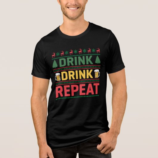 醜いおもしろいクリスマスセーター飲み物ビアスクリプト トライブレンドTシャツ (正面)