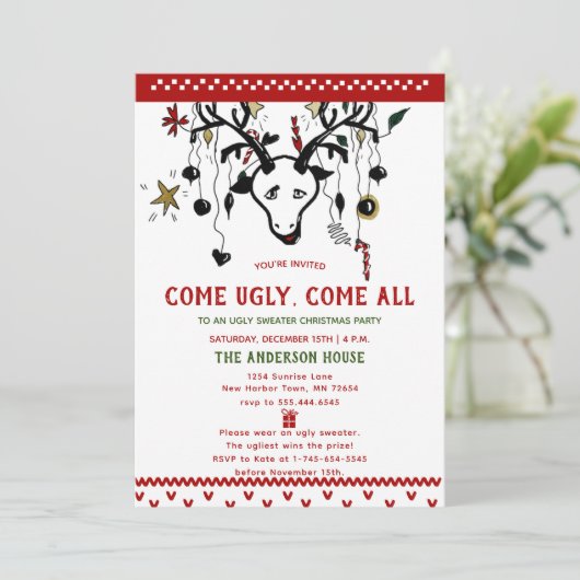 醜いおもしろいセーターのトナカイ北欧ニットクリスマス 招待状 (スタンド正面)