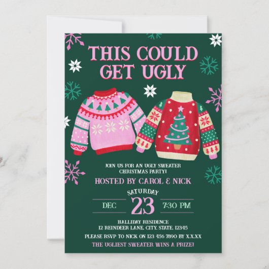 醜いおもしろいセータークリスマスパーティー&スノーフレーク 招待状 (正面)