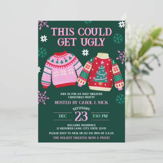 醜いおもしろいセータークリスマスパーティー&スノーフレーク 招待状 (スタンド正面)