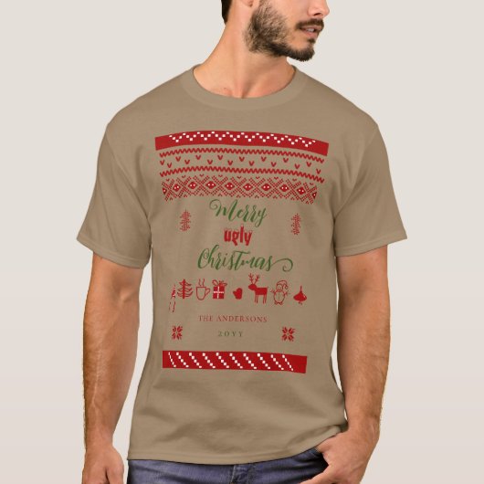 醜いおもしろいメリークリスマスのセーター赤のマッチング Tシャツ (正面)