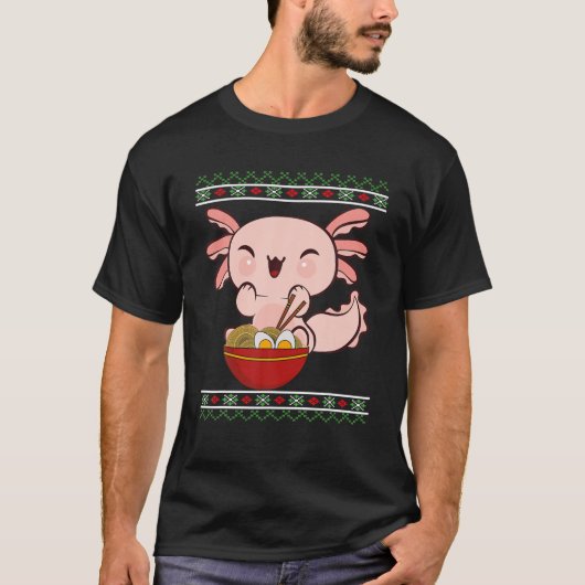 醜いアニメクリスマスセーターかわいいハッピーアクソロトル Tシャツ (正面)