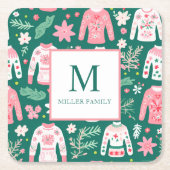 醜いカラフルセーターホリデーモノグラム スクエアペーパーコースター (正面)