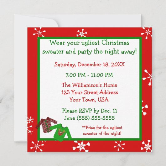 醜いクリスマスのセーターのクリスマスのパーティの招待状 招待状 (裏面)