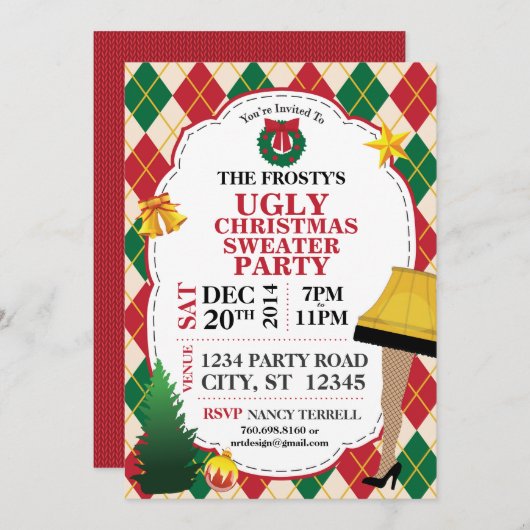 醜いクリスマスのセーターのパーティーの招待(赤か緑) 招待状 (正面/裏面)