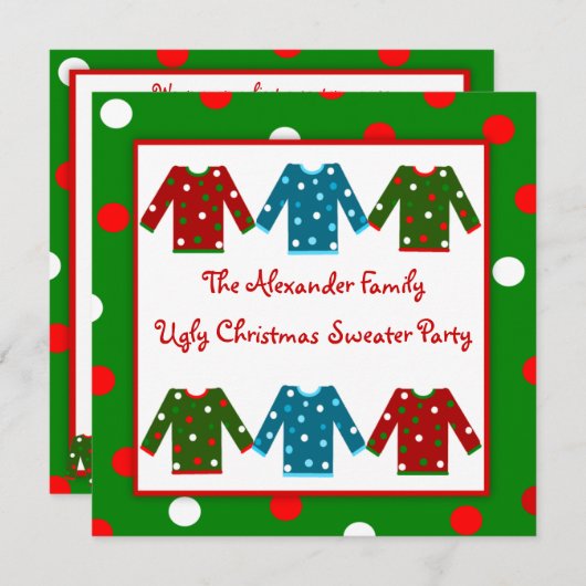 醜いクリスマスのセーターのパーティーの赤い緑の水玉模様 招待状 (正面/裏面)