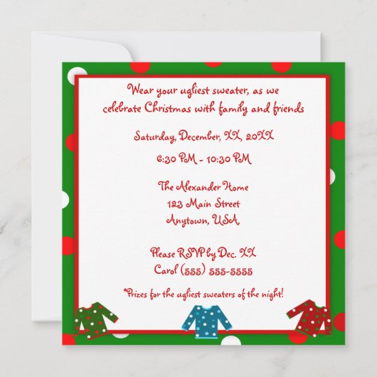 醜いクリスマスのセーターのパーティーの赤い緑の水玉模様 招待状 (裏面)