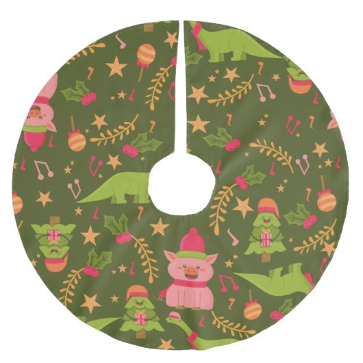 醜いクリスマスの恐竜トレッサンタ豚 ブラッシュドポリエステルツリースカート (正面)