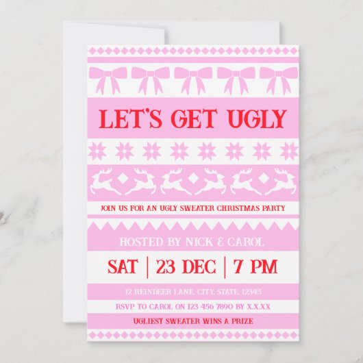 醜いクリスマスの醜いセーターをピンクと赤に 招待状 (正面)