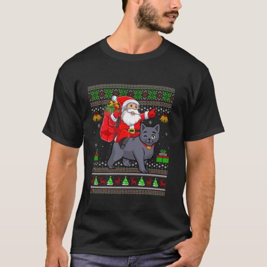 醜いクリスマススーターサンタロシアのライディングブルーキャットCh Tシャツ (正面)