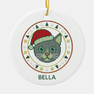 醜いクリスマスセーターのニット猫サンタ帽子オーナメント セラミックオーナメント