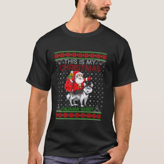 醜いクリスマスセーターサンタライディングシベリアハスキー犬 Tシャツ (正面)