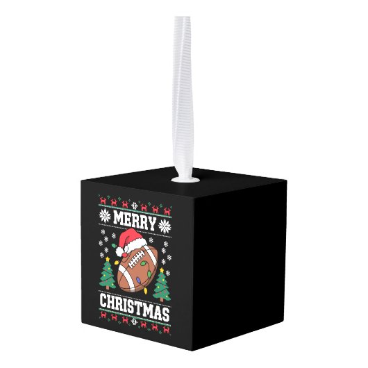 醜いクリスマスセータースタイルサンタアメリカンフットボール キューブオーナメント (裏面アングル)