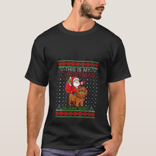 醜いクリスマスセータースタイルサンタライディングチャウチャウドッグ Tシャツ (正面)