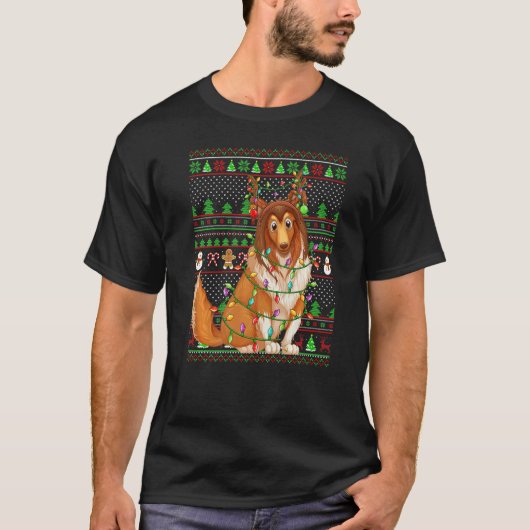 醜いクリスマスセータースタイルライトシープドッグクリスマス Tシャツ (正面)