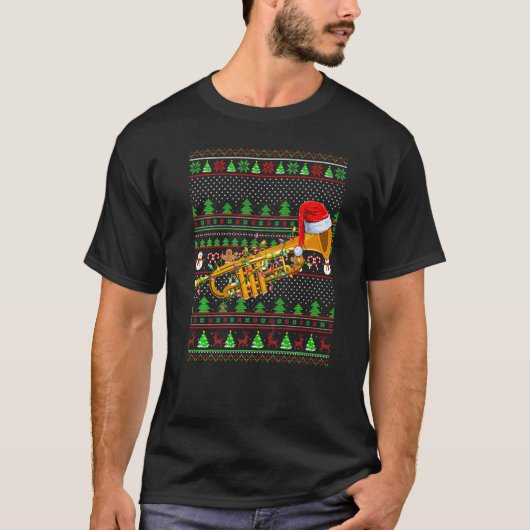 醜いクリスマスセータースタイル照明トランペットクリスマス Tシャツ (正面)