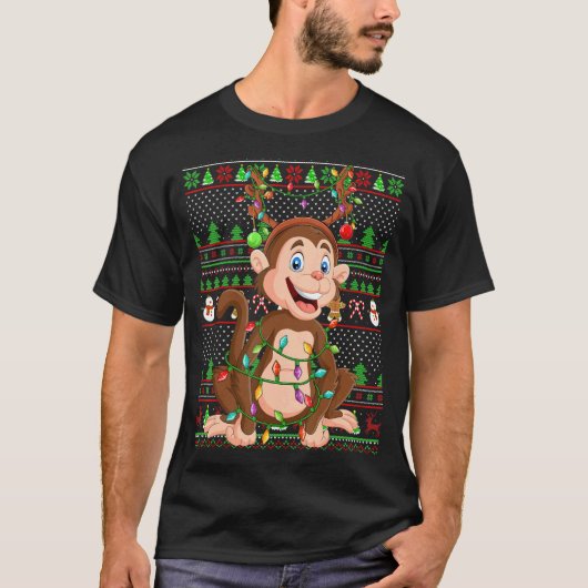 醜いクリスマスセータースタイル照明モンキークリスマス Tシャツ (正面)
