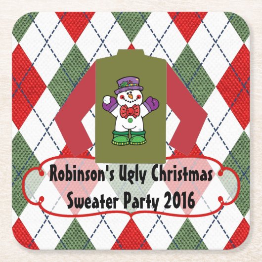 醜いクリスマスセーターパーソナライズされたパーティー スクエアペーパーコースター (正面)