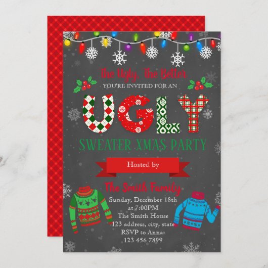 醜いクリスマスセーターパーティの招待状 招待状 (正面/裏面)