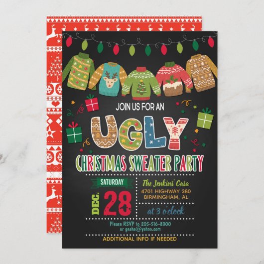 醜いクリスマスセーターパーティの招待状 招待状 (正面/裏面)