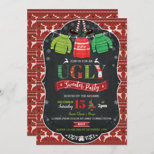 醜いクリスマスセーターパーティの招待状 招待状 (正面/裏面)