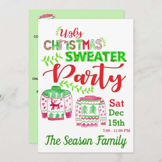 醜いクリスマスセーターパーティの招待状 招待状 (正面/裏面)
