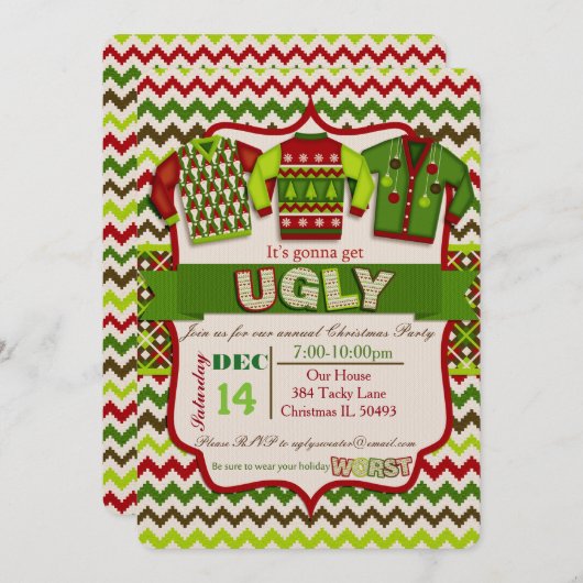 醜いクリスマスセーターパーティの招待状 招待状 (正面/裏面)