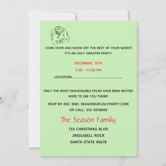醜いクリスマスセーターパーティの招待状 招待状 (裏面)