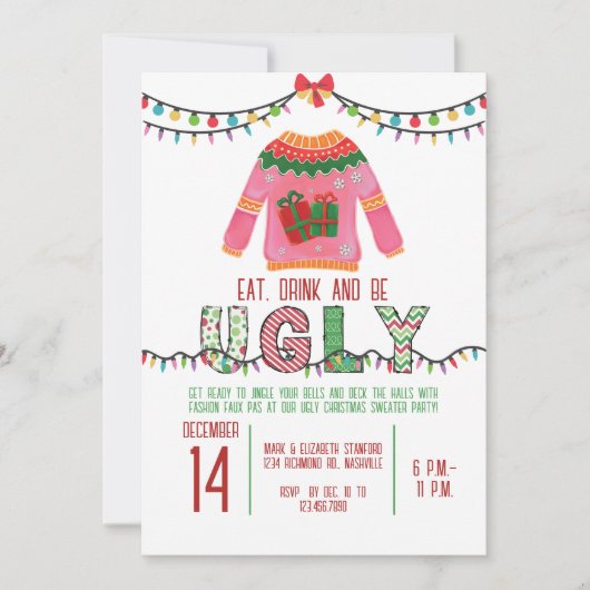 醜いクリスマスセーターパーティータッキーホリデーパーティー 招待状 (正面)