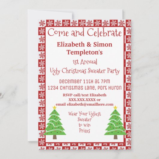 醜いクリスマスセーターパーティー赤と白フェスティバル 招待状 (正面)