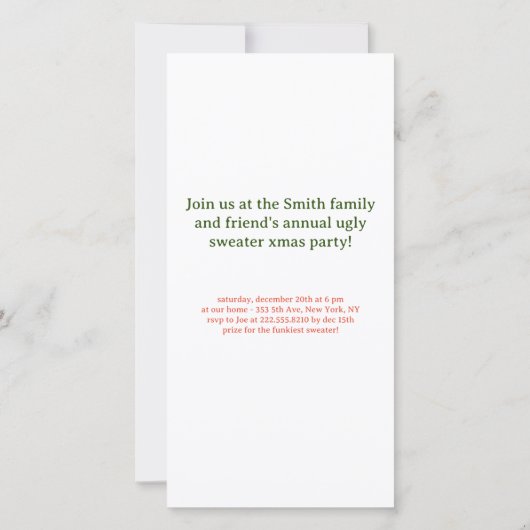 醜いクリスマスセーターホリデーパーティー招待状 (裏面)