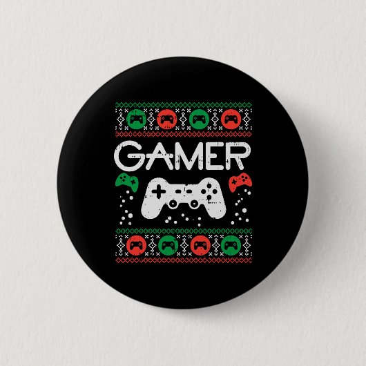 醜いクリスマスセーターレトロビデオゲームクリスマス少年 缶バッジ (正面)