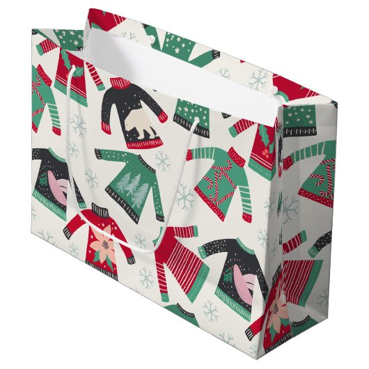 醜いクリスマスセーター休日パターングリーンレッド ラージペーパーバッグ (正面アングル)