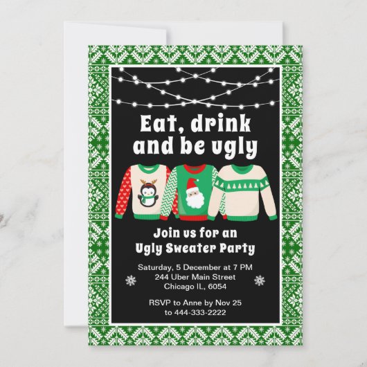 醜いクリスマスセーター休日パーティグリーン 招待状 (正面)