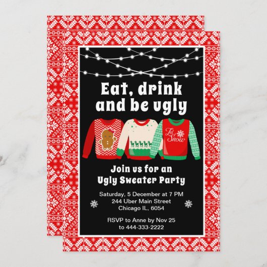 醜いクリスマスセーター休日パーティレッド 招待状 (正面/裏面)