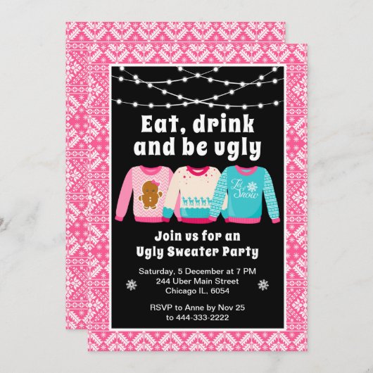醜いクリスマスセーター休日パーティーピンク 招待状 (正面/裏面)
