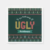 醜いクリスマスセーター北欧ニットあなたの名前グリーン スタンダードカクテルナプキン (正面)