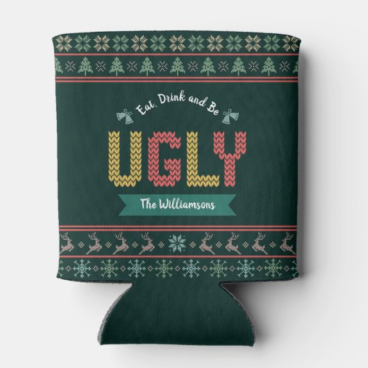 醜いクリスマスセーター北欧ニットあなたの名前グリーン 缶クーラー (裏面)