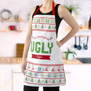 醜いクリスマスセーター北欧レッドグリーンニット名 エプロン
