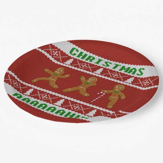 醜いクリスマスセーター怖いジンジャーブレッドマン赤 ペーパープレート (アングル)