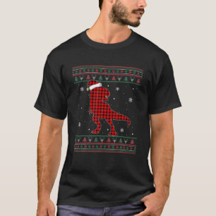 醜いクリスマスセーター恐竜サンタレッドプレイド Tシャツ