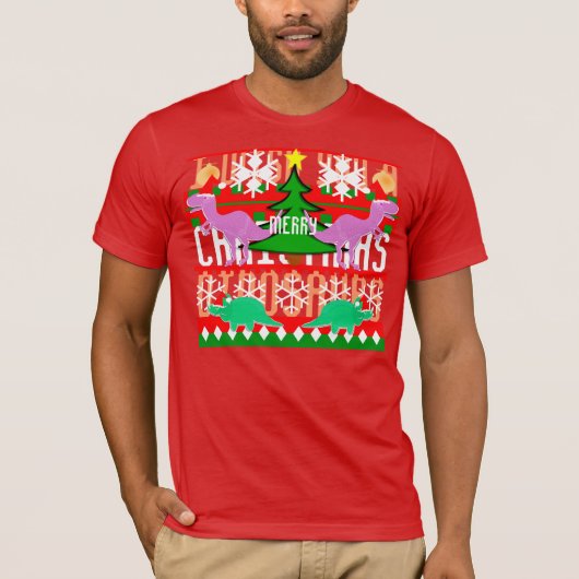 醜いクリスマスセーター柄の漫画の恐竜 Tシャツ (正面)