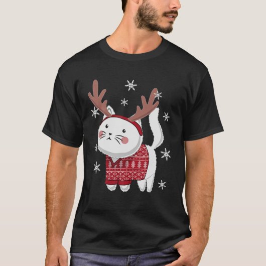 醜いクリスマスセーター猫トナカイ〔雄ジカの〕枝角ズヘッドバ Tシャツ (正面)