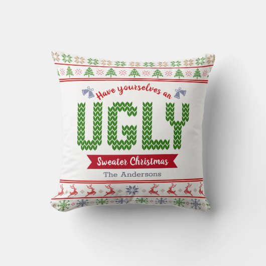 醜いクリスマスセーター粘着性の北欧レッドグリーンニット クッション (正面)