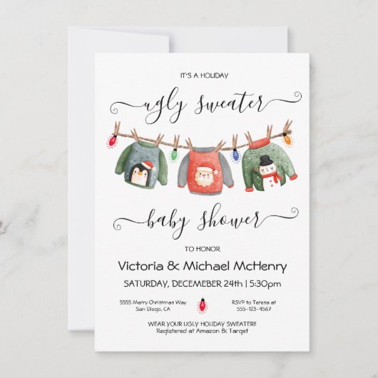 醜いクリスマスセーター赤ちゃんシャワー物干しライン 招待状 (正面)