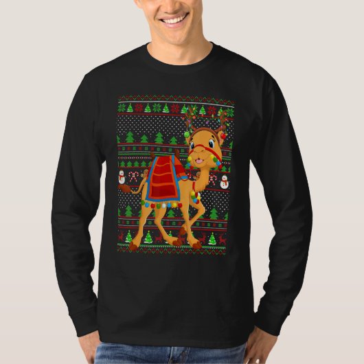 醜いクリスマスセーター風 ライト付きラクダ クリスマス Tシャツ (正面)