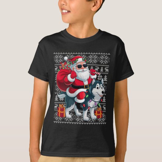 醜いクリスマスセーター スタイル サンタ ハスキー犬に乗る Tシャツ (正面)